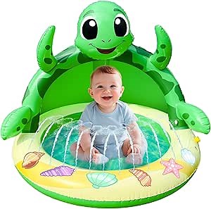AMENON Baby Pool with Canopy, Turtle Inflatable Baby Swimming Pool with Shade Sprinkler for Kids - Kiddie Pool Outdoor Water Games Toys for Toddlers Summer Play Center Backyard Water Activity