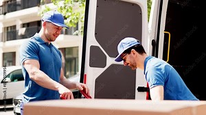 Professional Mover Unloading Furniture from Van, Certified Driver Moving Packages