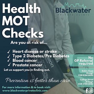 Blackwater Private Clinic 🩺 Your Health, Your Priority – Book Your Private GP MOT Check Today! 💡 What’s a Health MOT? Think of it as a full-body service for YOU! Our Private GP Health MOT Check offers a comprehensive review to keep you feeling your best. ✔️ Blood Pressure & Heart Health ✔️ Blood Tests & Diagnostics ✔️ Lifestyle & Wellness Advice ✔️ Tailored Recommendations 🌟 Why Choose Us? ✅ Convenient Appointments ✅ Confidential & Caring Service ✅ Expert GP Insights 📅 Don’t wait—your health
