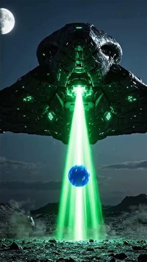 Alien spaceship beams up the small blue ball