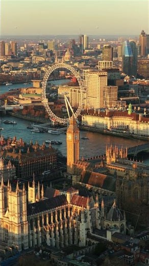London's Westminster Abbey, River Thames, and skyline with Big Ben and London Eye showing city