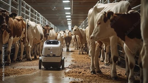 In a modern barn, a robotic milking system efficiently milks dairy cows, prioritizing livestock wellbeing and farm productivity through advanced automation technology