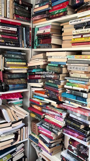years of used book sales, birthday presents, class assignments, and books I purchased all stacked together. wouldn’t have it any other way 🫶 #booktok #bookshelf #reading #books