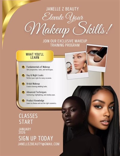 ✨ Elevate Your Makeup Skills in 2026! ✨ Janelle Z Beauty is officially launching our Exclusive Makeup Training Program, designed for aspiring artists, beauty lovers, and anyone ready to take their artistry to the next level! Whether you’re brand new to makeup or looking to sharpen your professional skills, this program is crafted to empower you with expert techniques, hands-on knowledge, and industry-level confidence. 💄✨ 📚 What You’ll Learn: ✔️ Fundamentals of Makeup: Prep, tools, and core tec