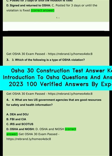 Osha 30 Construction Test Answer Key Introduction To Osha Questions And Answers 2023 100 Verified An