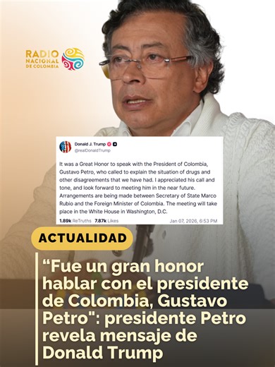 #ColombiaSoberana ✊🏽🇨🇴 | “¿Cuál fue la respuesta de Trump? Dijo: Fue un gran honor hablar con el presidente de Colombia, Gustavo Petro, quien me llamó para explicar la situación de las drogas y otros desacuerdos que hemos tenido. Agradecí su llamada y su tono, y espero reunirme con él próximamente. El secretario de Estado, Marco Rubio, y la ministra de Relaciones Exteriores de Colombia están realizando los arreglos necesarios. La reunión tendrá lugar en la Casa Blanca, en Washington D. C.”, a