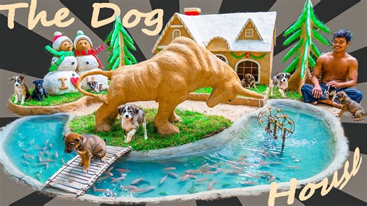 Rescuing puppies & building a mud dog house with a playground & fish pond