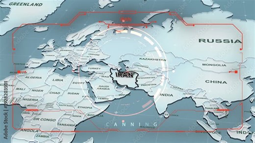 a stylized 3D map highlighting IRAN, Middle East, Iran map, Central Asia and Eastern Europe, Interface, Earth map, animation