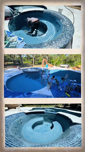 One of a kind 8 foot custom spa with jet packs and reclined seating!! 21’ x 36’ freeform pool with an 8’ slide, led bubbler on sunshelf, deck jets, travertine, and LED lighting in pool and spa! This project was completed in 4 weeks!! #backyardoasis #custompools #Plasterday #poolparty #southernserenitypools