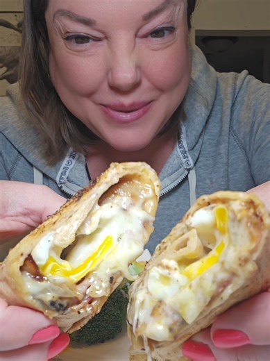Super Cheesy Breakfast. Black Forest Ham, @Cooper Cheese @Mission Foods large Wrap toasted & Grilled Onions #mukbang #whatieatinaday #eatwithme #chef