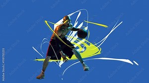 Stop motion, animation. Changing image of a young muscular man, basketball playing in motion with ball playing shirtless on multicolored background with abstract doodles. Dynamics. Concept of sport