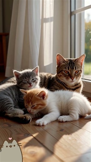 LOUD PURRING Kitten YAWN next to Mama Cat ☀️ So Cute! 🐈