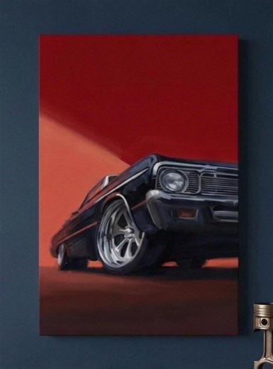Original Handmade Large Classic Muscle Car Painting, Vintage Black Car Wall Art, Retro Automotive Canvas, Red Background Artwork, Man Cave - Etsy