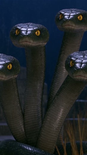 A golden crown is sitting dangerously close to a five-headed Hydra...