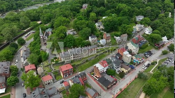 Historic Harpers Ferry WV. Aerial establishing shot in summer. Famous West Virginia Civil War history destination.
