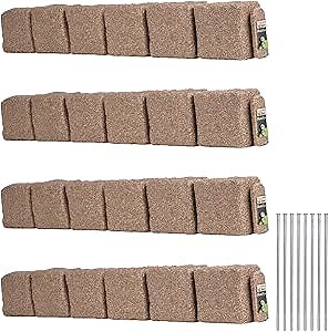Beuta Landscape Edging | Garden Edging Border | Faux Stone Blocks for Lawn Edging, Flower Beds & Yard Edging – 4 Pack | Each Section Has 6 Blocks 48" L x 4" W x 6.5" H | 8 Spikes | Cobblestone