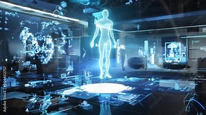 A high-tech laboratory features interactive holographic displays showcasing advanced technology and digital interfaces in an urban environment