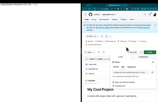 Simply interacting with a cloned codebase using @opencode can lead to a full blown RCE on your computer, be very careful using opencode until this vulnerability is fixed. A submission was made in February but @thdxr closed the submission as out of scope because it was written by @BugBunny_ai