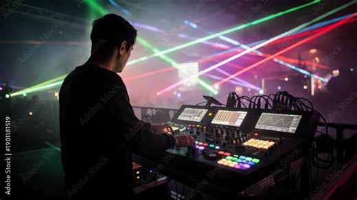 Medium shot of a technician adjusting settings on a complex laser control panel with a hazy fog and multicolored lasers creating an immersive stage environment.