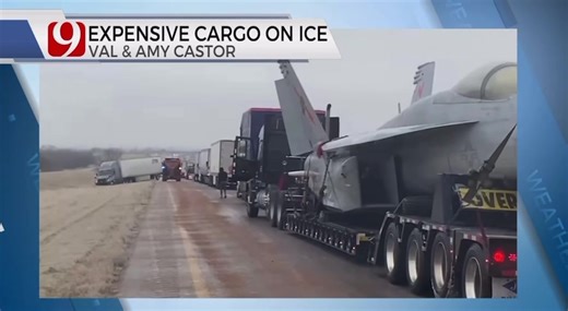 27K views · 1.1K reactions | $67 MILLION CARGO: Did you see what our stormtrackers found in icy traffic on I-40 near Shawnee? KWTV - NEWS 9’s Val & Amy Castor came across a truck hauling a $67 million Navy F-18 Hornet jet through Oklahoma! | Lacie Lowry | Facebook