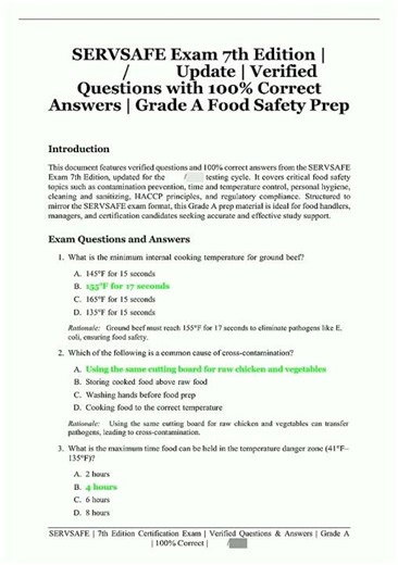 SERVSAFE Exam 7th Edition Update Verified Questions with 100 Correct Answers Grade A Food Safety new