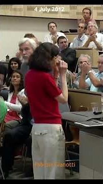 Historic moment in particle physics: Higgs is discovered at CERN and Peter Higgs bursts into tears.