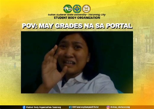𝙋𝙊𝙑: 𝙈𝘼𝙔 𝙂𝙍𝘼𝘿𝙀𝙎 𝙉𝘼 𝙎𝘼 𝙋𝙊𝙍𝙏𝘼𝙇 After eating 12 grapes, kumusta naman ang grades sa portal—bunga ba ng manifesting o test ng tibay ng loob? Kapit lang, SKSUans. Minsan kailangan talagang madapa para mas tumatag, at minsan kailangan lang talaga ng konting tawa para makaraos. Remember: grades are just one chapter, not your whole story. You showed up, you tried, and that already counts for something. Hindi ka nag-iisa sa plot twist na ’to. Good job, SKSUans—keep growing, keep bel