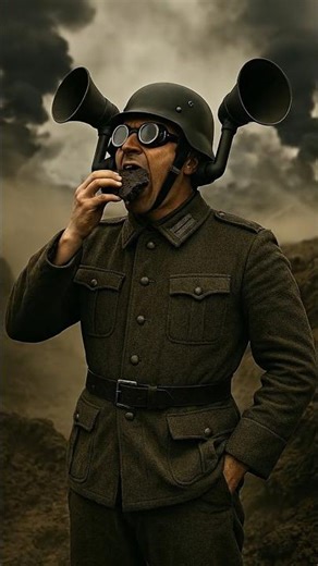WW1: German soldier with Heil Mickey Mouse audio visual apparatus and a piece of black bread.