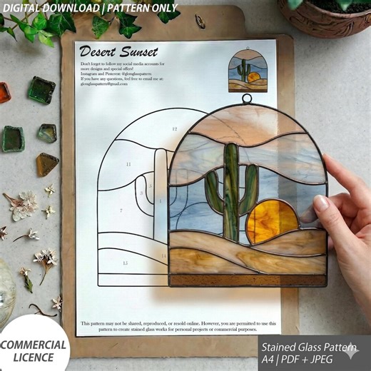 Cactus Desert Sunset Stained Glass Pattern PDF JPG - Etsy