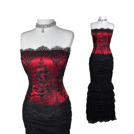 Vintage Red Black Lace Corset Dress: Y2K Gothic Strapless Gown, Ruched Skirt Hem - Etsy
