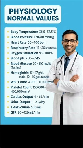 "Physiology Normal Values Chart 📊 | Medical Students Must Know | Tinku Mahto DMLT" #medicalexams