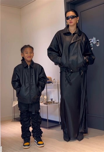 @novakids by @Fashion Nova 🔎 Mini Embroidered Skull Faux Leather Jacket - Black 🔎 Harlem Faux Leather Moto Jacket - Black 🔎 Sierra Tie Waist Satin Maxi Skirt - Black #novakids #fashionnova #momandson #ootd #fashion