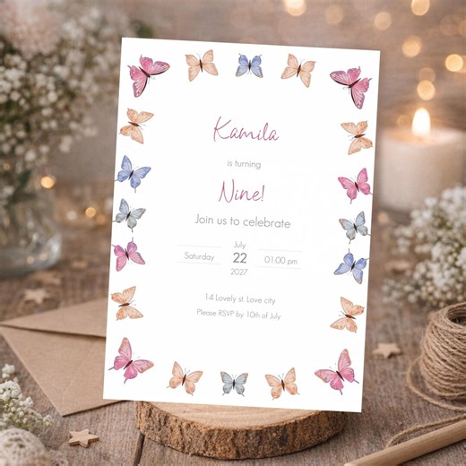 Butterfly Birthday Invitation Template Editable Pastel Kids Party Invite Floral Butterfly Party Printable - Etsy