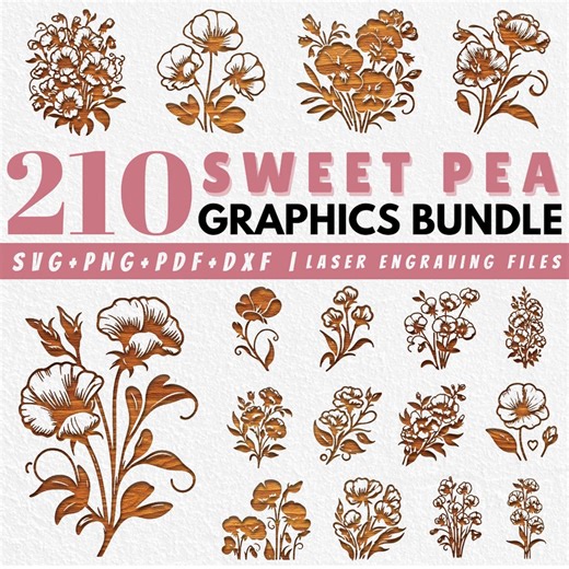 210 Sweet Pea Flower Laser Engraving SVG Bundle: Floral Line Art, Laser Cut Files, CNC Ready (Commercial Use)