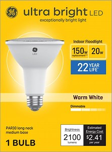 GE Ultra Bright LED Floodlight Bulb, 150 Watt Eqv, Warm White, PAR30 Long Neck Bulb