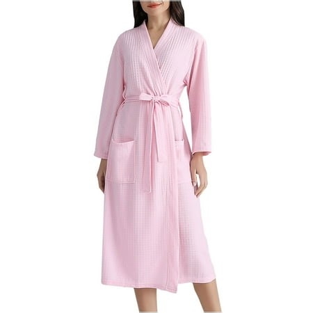AherBiu Womens Robes Lightweight Long Sleeve V Neck Belted Bathrobes Comfy Knee Length Robe with Pockets - Walmart.ca