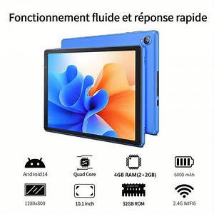 Tablette Android 14 VOLENTEX 10 Pouces – 4 Go RAM (2 2 Extension), 32 Go ROM, Wi-Fi 6, Écran HD 1280×800, Batterie 6000 mAh, CPU Quad-Core A13