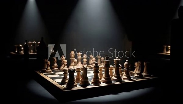 Dramatic chess game in low light, showcasing intricately carved wooden pieces on a board
