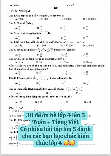30 Đề Ôn Tập Mùa Hè Cho Học Sinh Lớp 4 Lên 5