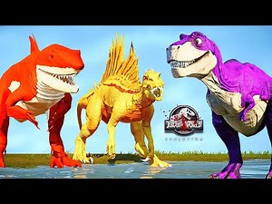 Purple Rexy T-Rex, Pink Spinosaurus, Red King Shark Dinosaurs Fight Jurassic World Evolution