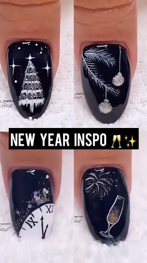 ✨ 4 New Year nail ideas by @the_nail_mannn in one tutorial ✨ Black, silver and a little sparkle — everything we love about festive nails 🎆 In this video you’ll see 4 minimal New Year designs you can easily recreate or adapt to your own style: • sparkling Christmas tree • elegant ornaments • countdown clock vibes • festive champagne moment 🥂 Perfect inspiration if you want something classy, dark and magical for the holidays ✨ Which one would you try first? ⸻ #nailart #nailtutorial #newyearnails