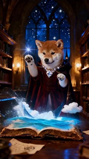 図書室で犬の魔道士が召喚魔法！ #dog #召喚 #魔法使い #魔法 #マジック #CuteAnimals #AI #shibainu #龍 #リンゴ #クジラ #魔法書 #本 #飛び出す絵本