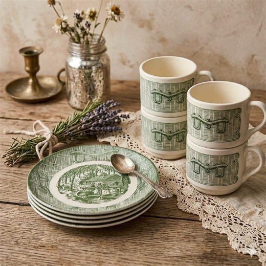 Vintage Anchor Hocking Heritage Green 4 Coffee Mugs and 4 Small Plates, Transferware, Rustic Lodge Kitchen - Etsy