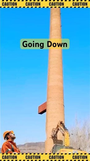 Excavator Crushing a Tall Chimney Tower #fyp #excavator #heavyequipment