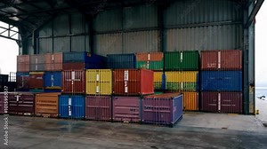 A vibrant stack of shipping containers in a warehouse, emphasizing organization and industrial logistics.