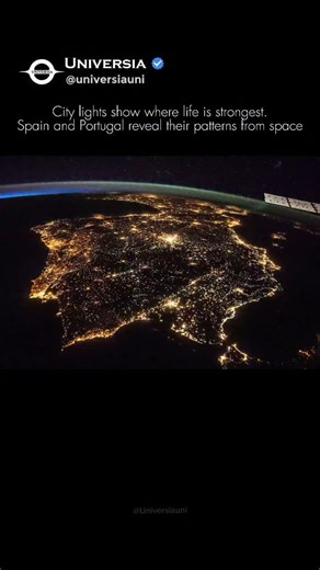 ᴜɴɪᴠᴇʀsɪᴀ on Instagram: "This beautiful nighttime view shows the Iberian Peninsula as seen from the International Space Station. 🌍✨ Spain and Portugal glow brightly with city lights, revealing major urban areas like Madrid, Barcelona, Lisbon, and Porto. From orbit, these lights outline the shape of the peninsula, creating a natural map drawn entirely by human activity. The dark areas mark mountains, forests, and coastlines where fewer people live. 🌃 Views like this help astronauts study light 