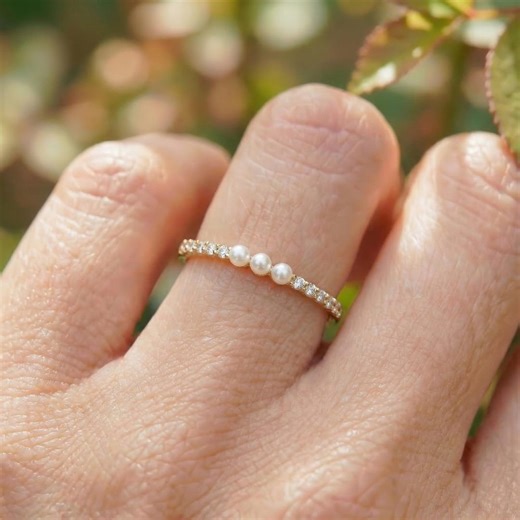 Pearl & Diamond Eternity Ring in 14K Gold | Dainty Stackable Band | Minimalist Anniversary Gift Jewelry - Etsy