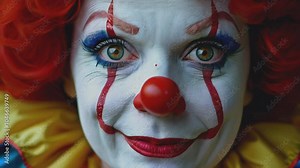 A close-up shot of a clown's face with dramatic red and blue makeup. The clown has a red nose, vibrant red hair, and expressive eyes, capturing a mix of whimsy and intensity.