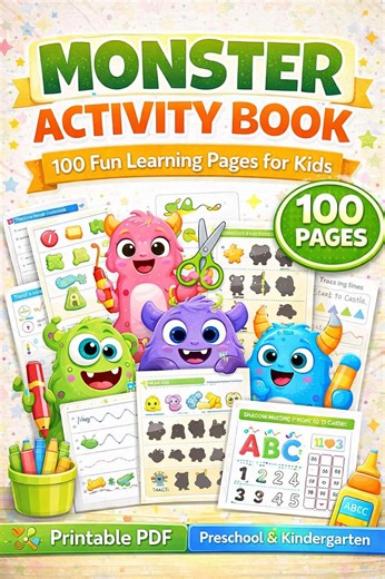 Monster Activity Book for Kids Printable PDF 100 Pages Preschool Kindergarten Learning Games - Etsy