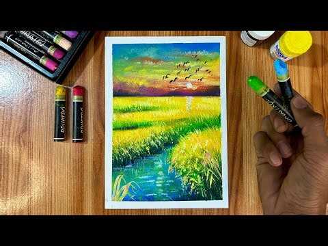 Simple Paddy Field Drawing with Oil Pastels || Relaxing Art Video🎨